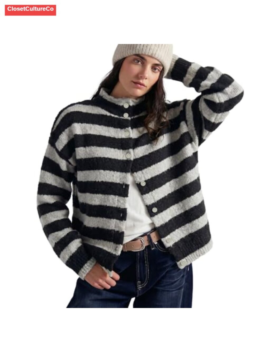 Womens Striped Cardigan Long Sleeve Button Down Stand Collar Knit Sweater